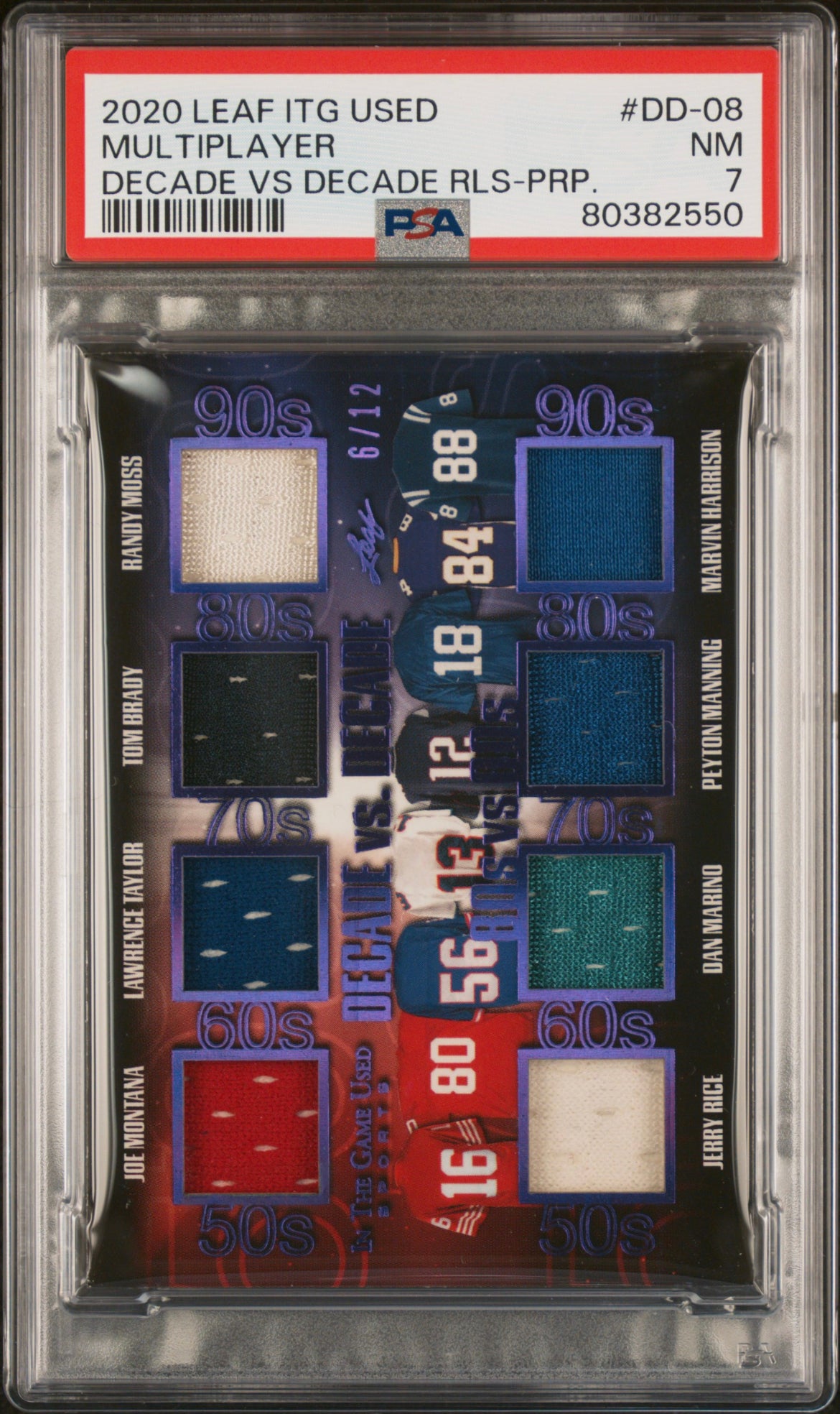 ❤️ 2020 Leaf In The Game Decade vs Decade GAME JERSEYS included of Jerry Rice Randy Moss Tom Brady Joe Montana Dan Marino Peyton Manning Marvin Harrison /12 Pop 1 PSA Graded