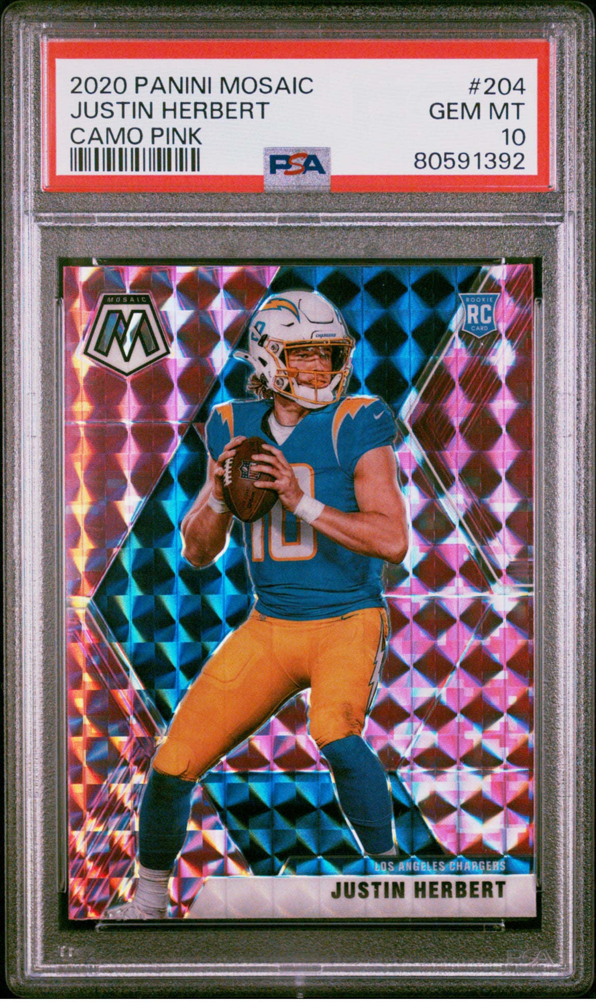 ❤️2020 Panini Mosaic Camo Pink Prizm #204 Justin Herbert RC Rookie PSA 10