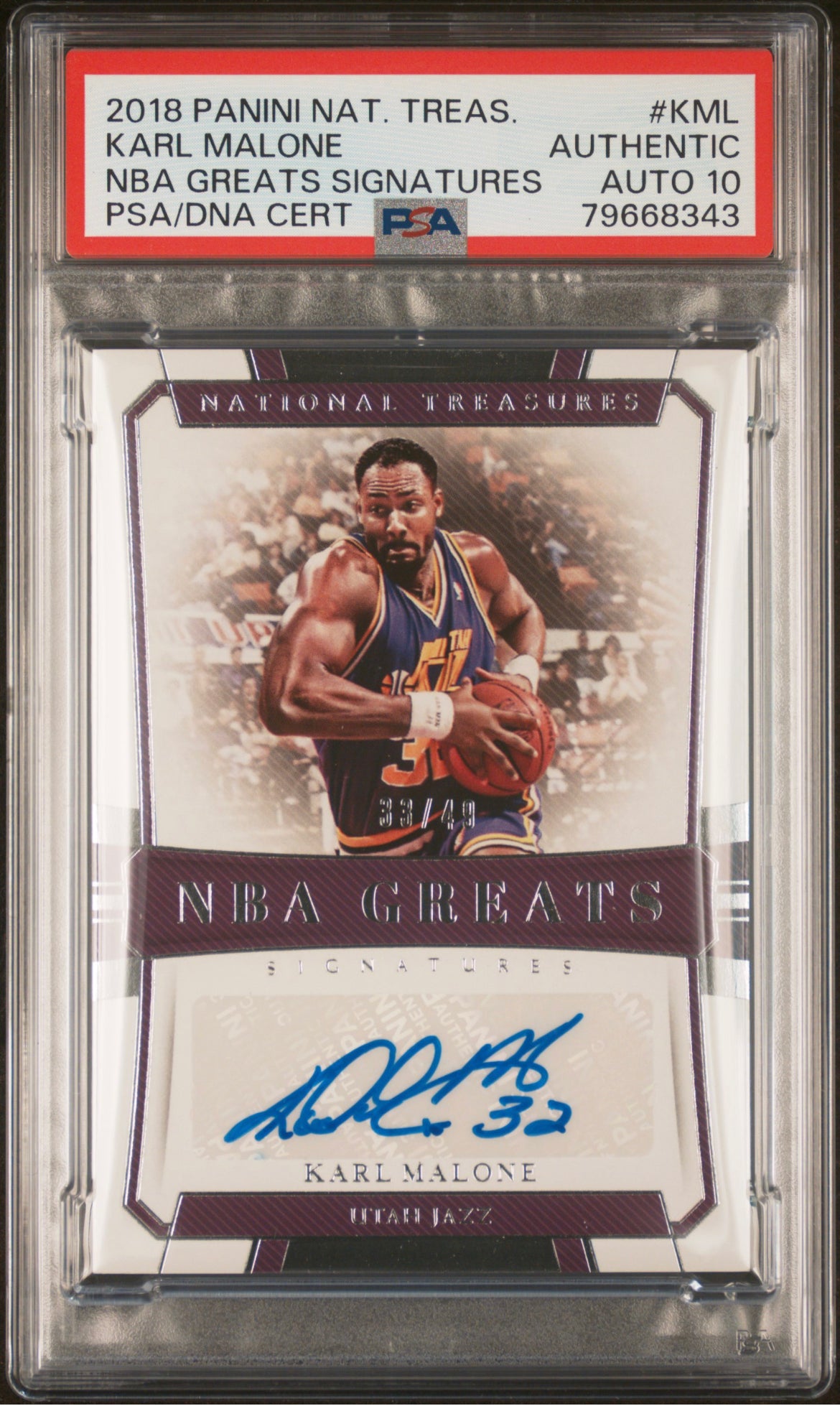 ❤️2018-19 Karl Malone National Treasures NBA Greats #33/49 PSA 10 Auto Jazz HOF Pop 1!