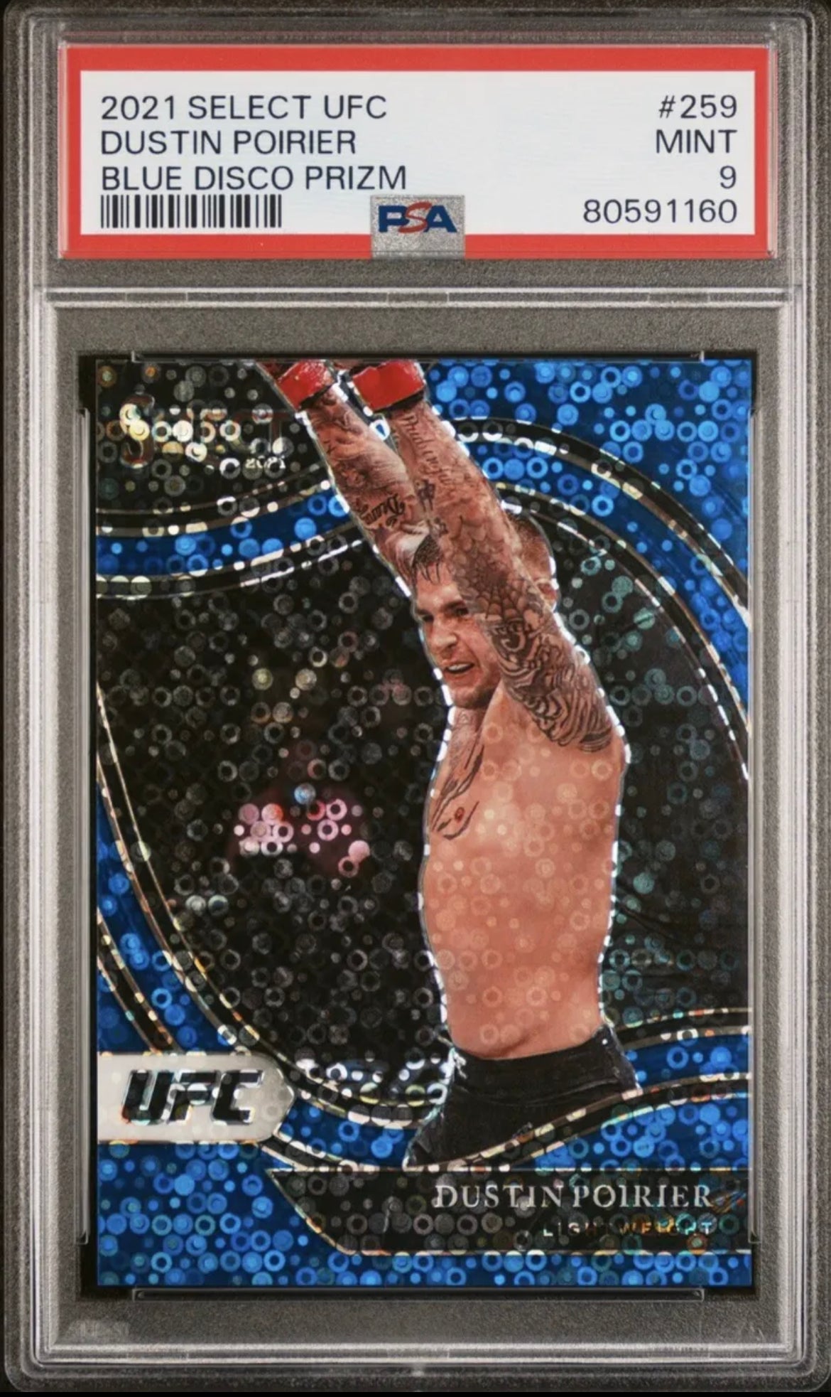 2021 UFC 1ST EDITION SELECT DUSTIN POIRIER OCTAGONSIDE BLUE DISCO PRIZM /99 PSA9