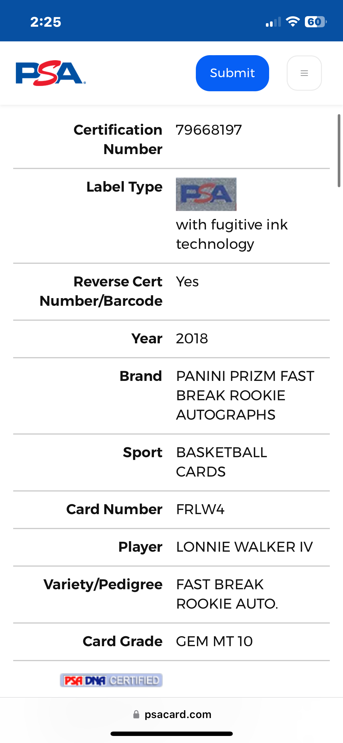 ❤️2018 Panini Prizm Lonnie Walker IV Fast Break Rookie RC Disco PSA 10 Auto 10 Pop 3