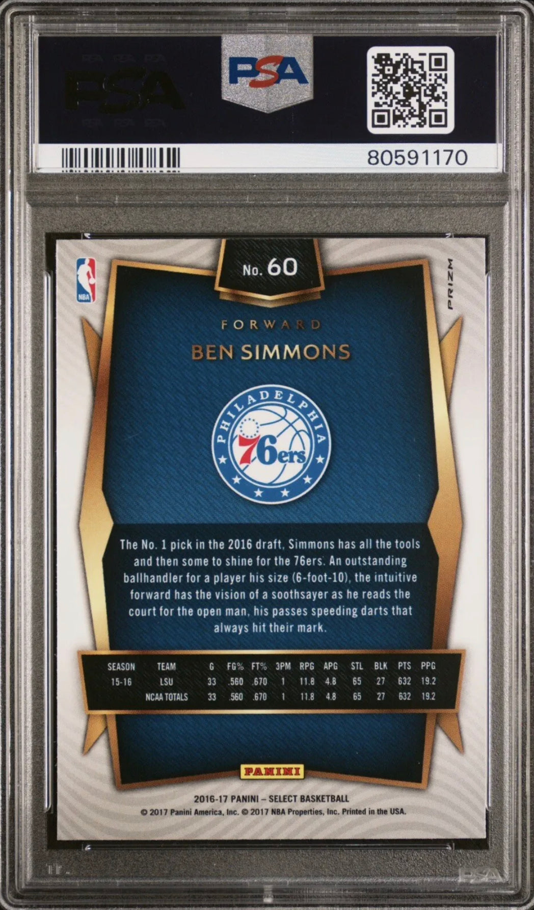 ❤️2016 Panini Select Ben Simmons PSA 9 Mint Silver Prizm Rc #60 76ers Nets