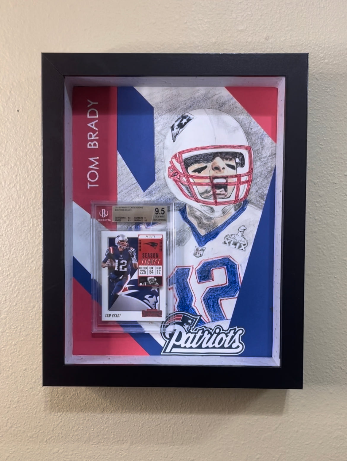 ❤️Sports Art of Tom Brady sketched by Kathryn Hume and featuring a 2018 Contenders Season Ticket Tom Brady #36 BGS 9.5 Gem Mint Patriots graded sports card