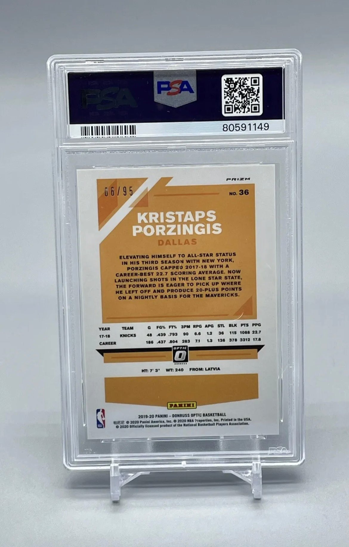 ❤️2019 Optic Fast Break Purple Prizm Jersey # 6/95 Kristaps Porzingis #36 Psa