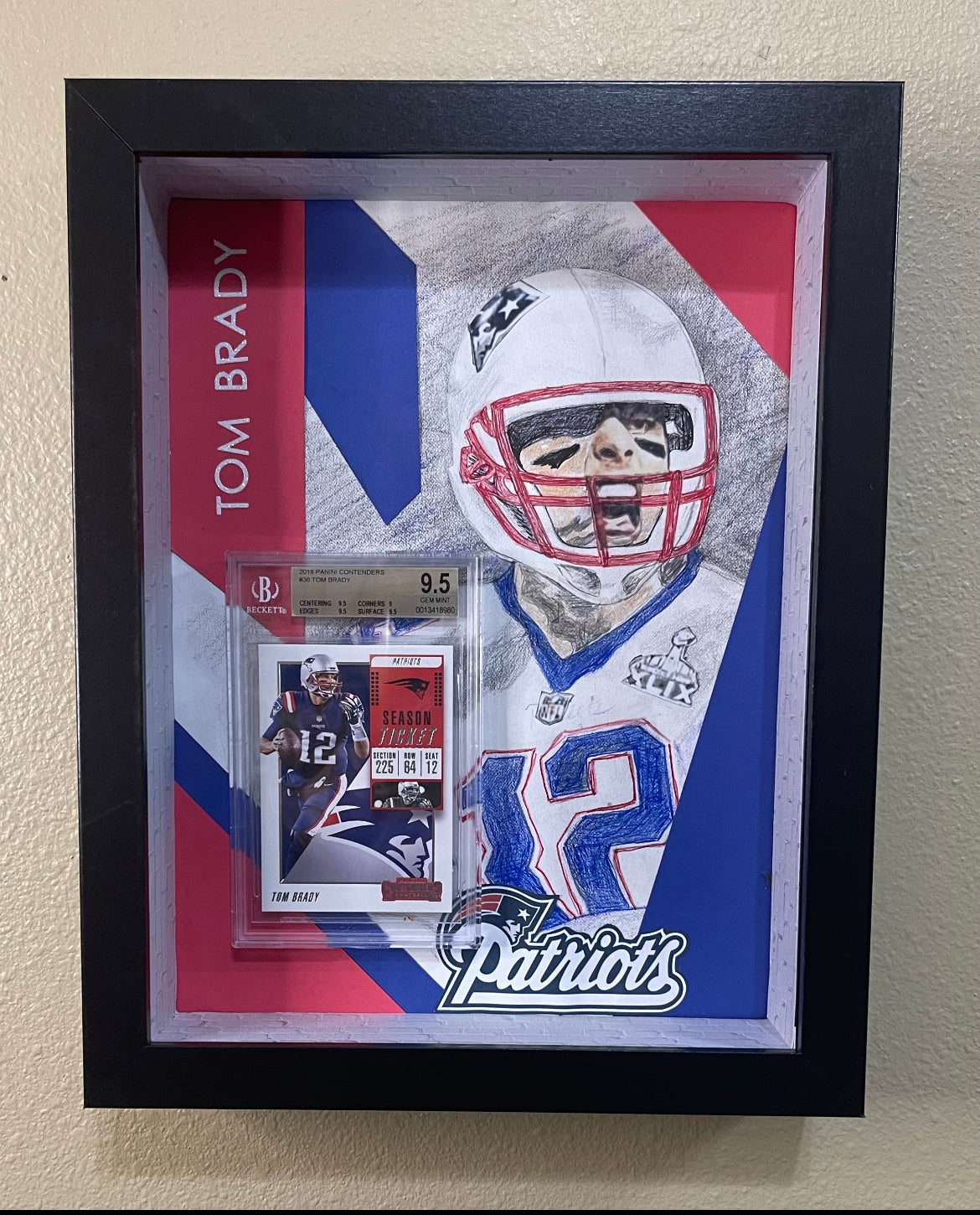 ❤️Sports Art of Tom Brady sketched by Kathryn Hume and featuring a 2018 Contenders Season Ticket Tom Brady #36 BGS 9.5 Gem Mint Patriots graded sports card