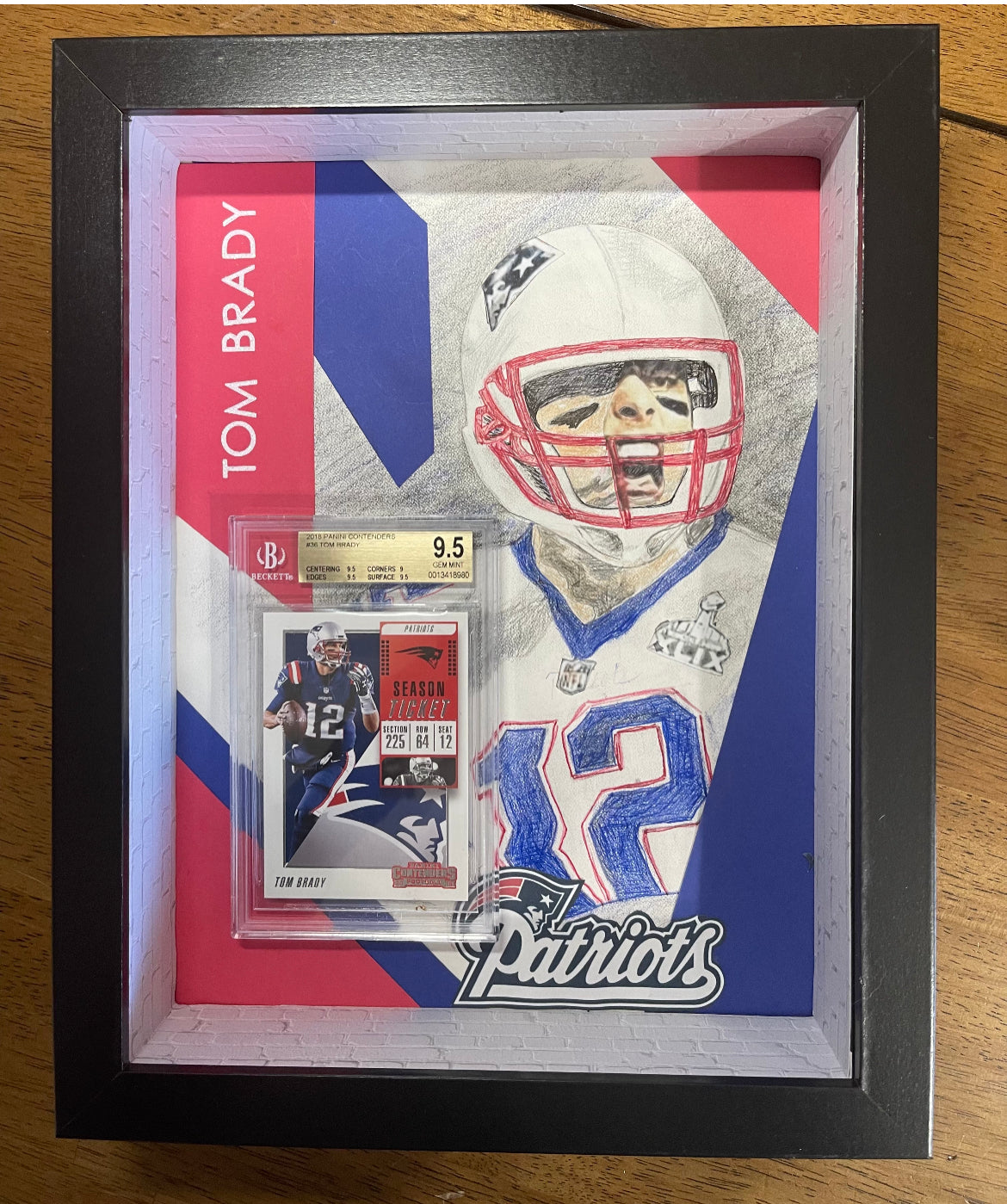 ❤️Sports Art of Tom Brady sketched by Kathryn Hume and featuring a 2018 Contenders Season Ticket Tom Brady #36 BGS 9.5 Gem Mint Patriots graded sports card