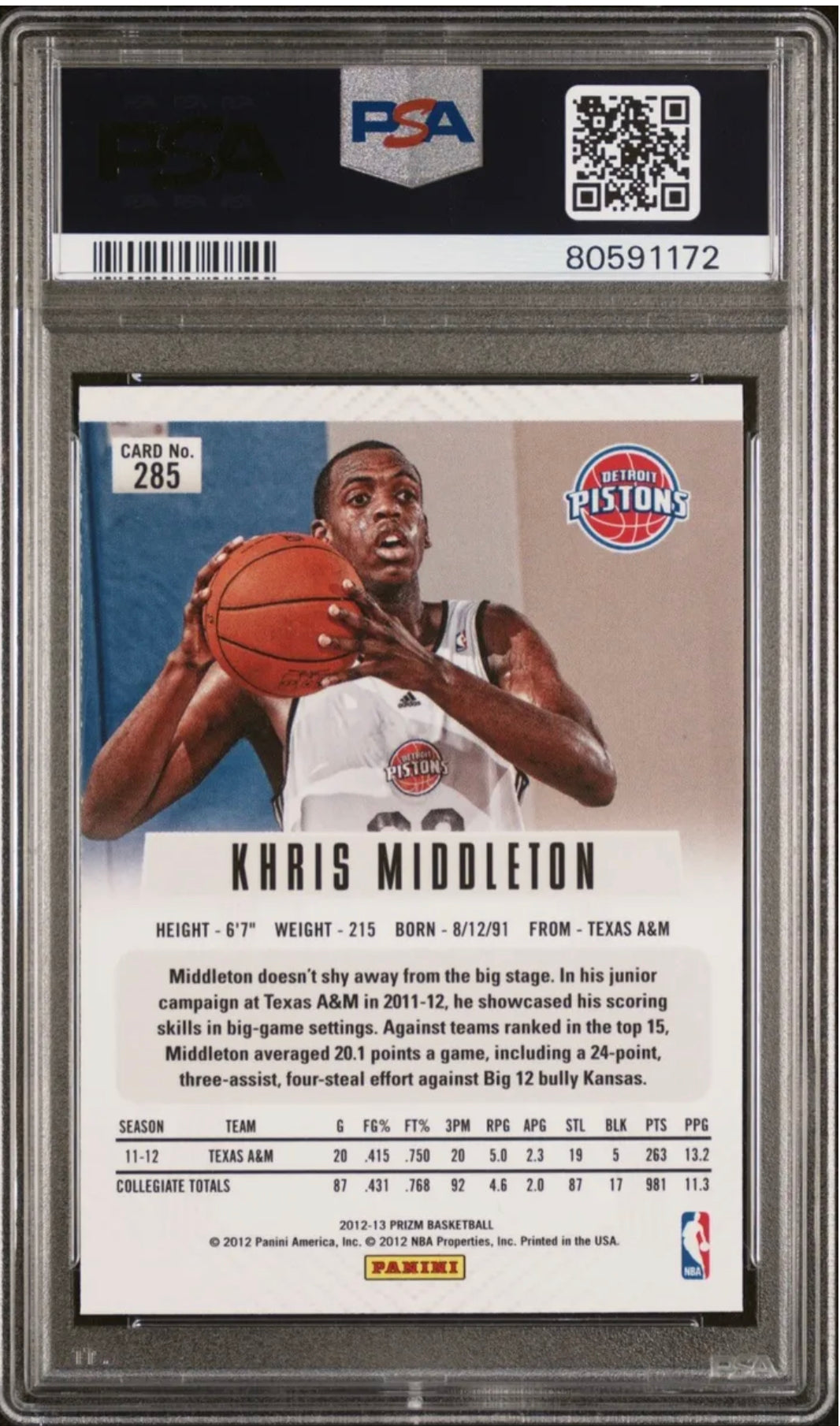 ❤️Khris Middleton PSA 10 2012 PANINI 1st Edition Prizm Basketball #285 Rookie Pistons RC