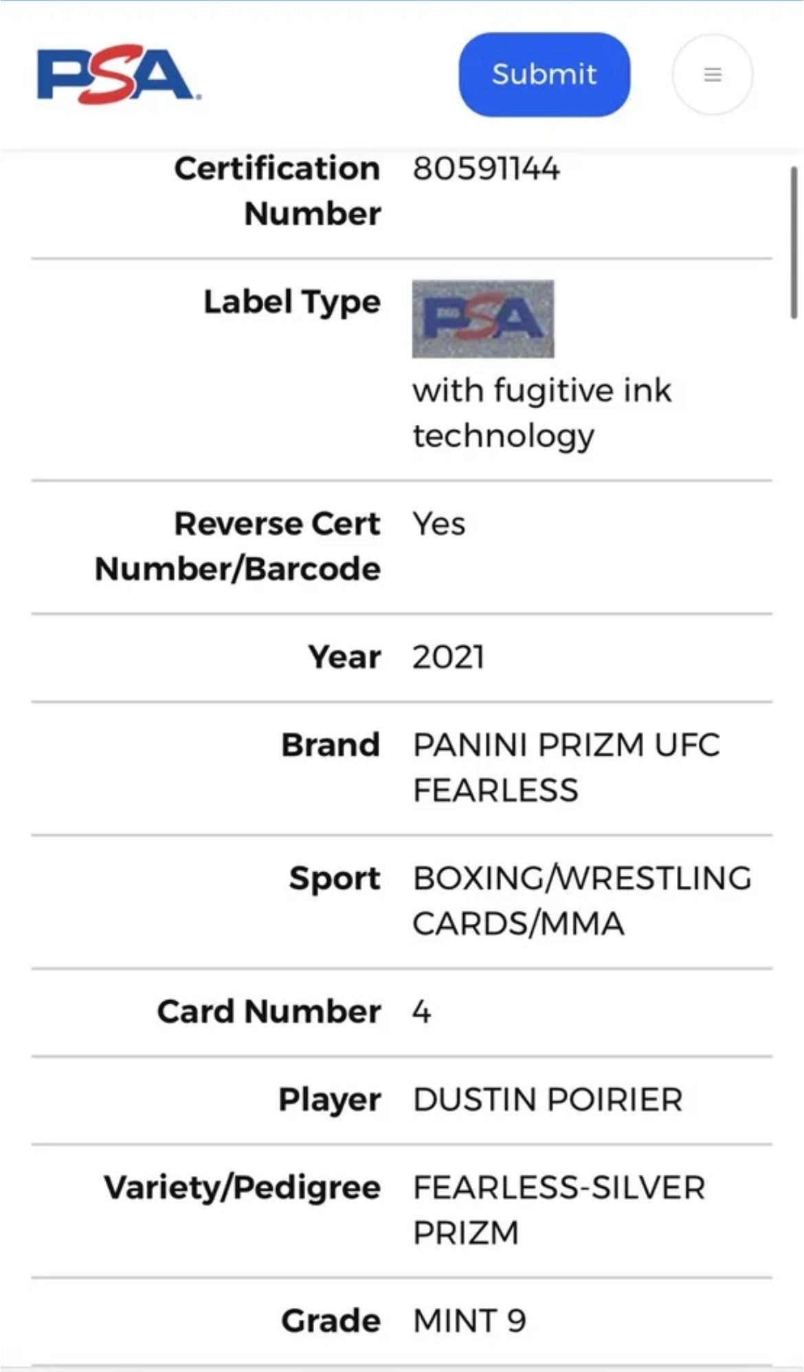 ❤️DUSTIN POIRIER 2021 1st Prizm UFC Debut Edition FEARLESS #4 Silver Psa 9 Pop 1!
