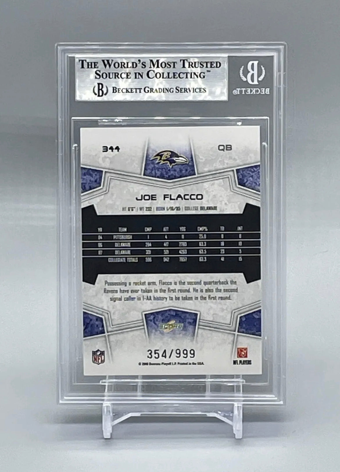 ❤️2008 SELECT PLAYOFF SCORECARD /999 JOE FLACCO RC ROOKIE BGS 9 POP 1 HOLO