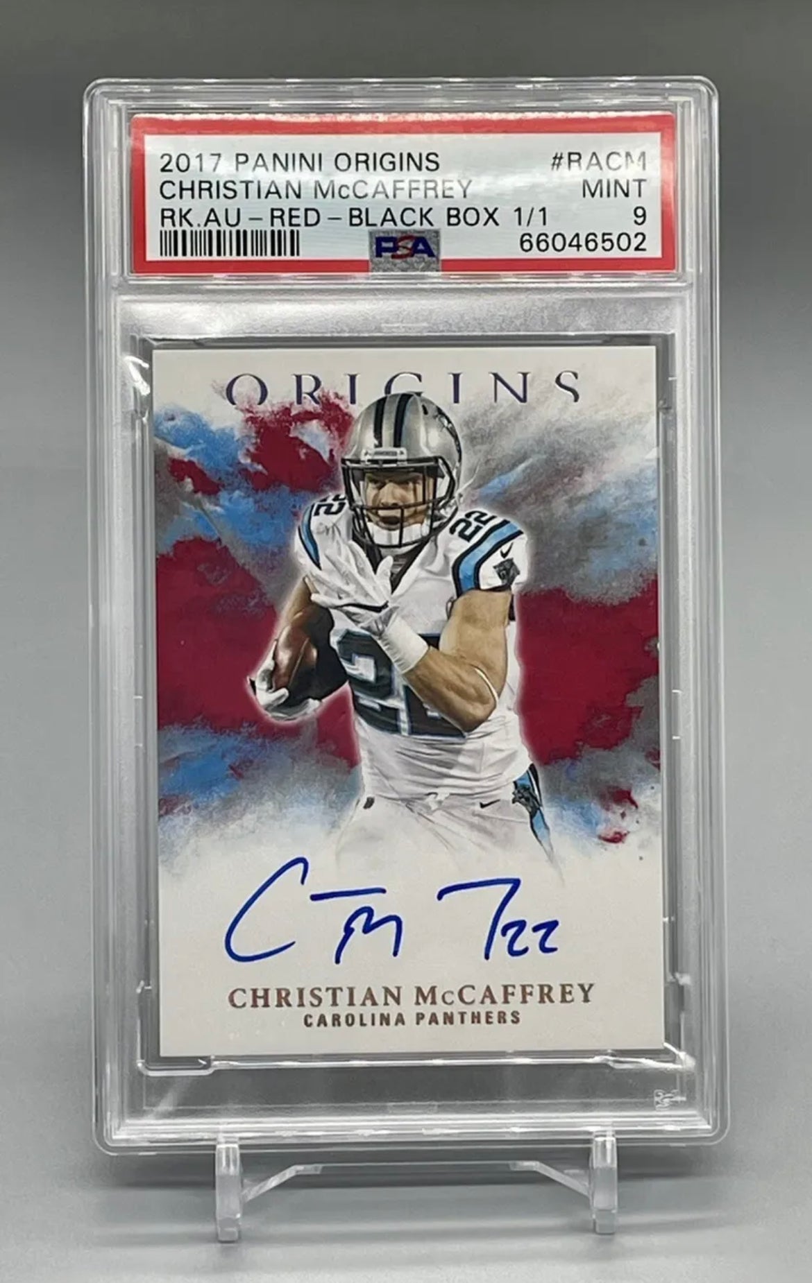 ❤️Christian McCaffrey 2017 Origins Football Rookie Red Black Box Auto 1/1 PSA 9