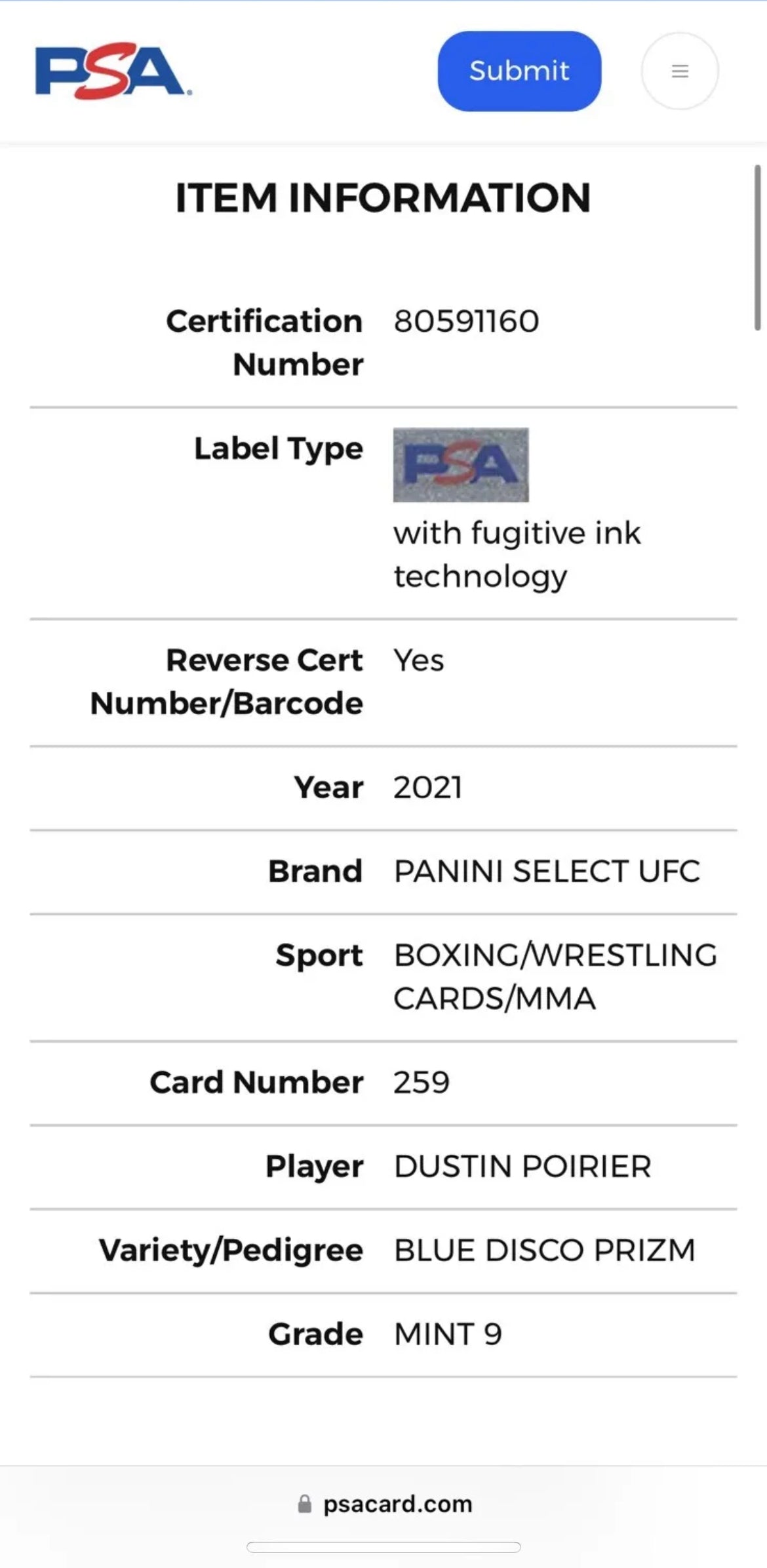 2021 UFC 1ST EDITION SELECT DUSTIN POIRIER OCTAGONSIDE BLUE DISCO PRIZM /99 PSA9