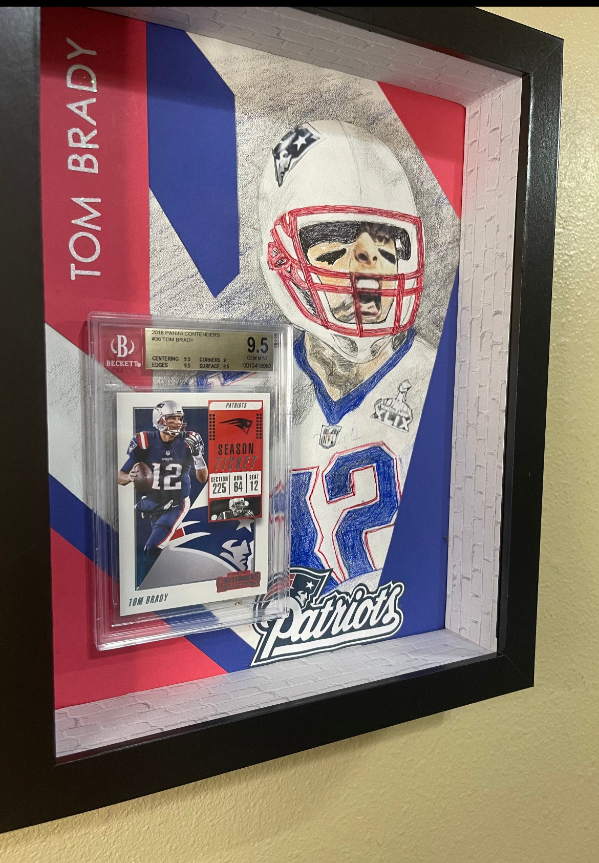 ❤️Sports Art of Tom Brady sketched by Kathryn Hume and featuring a 2018 Contenders Season Ticket Tom Brady #36 BGS 9.5 Gem Mint Patriots graded sports card