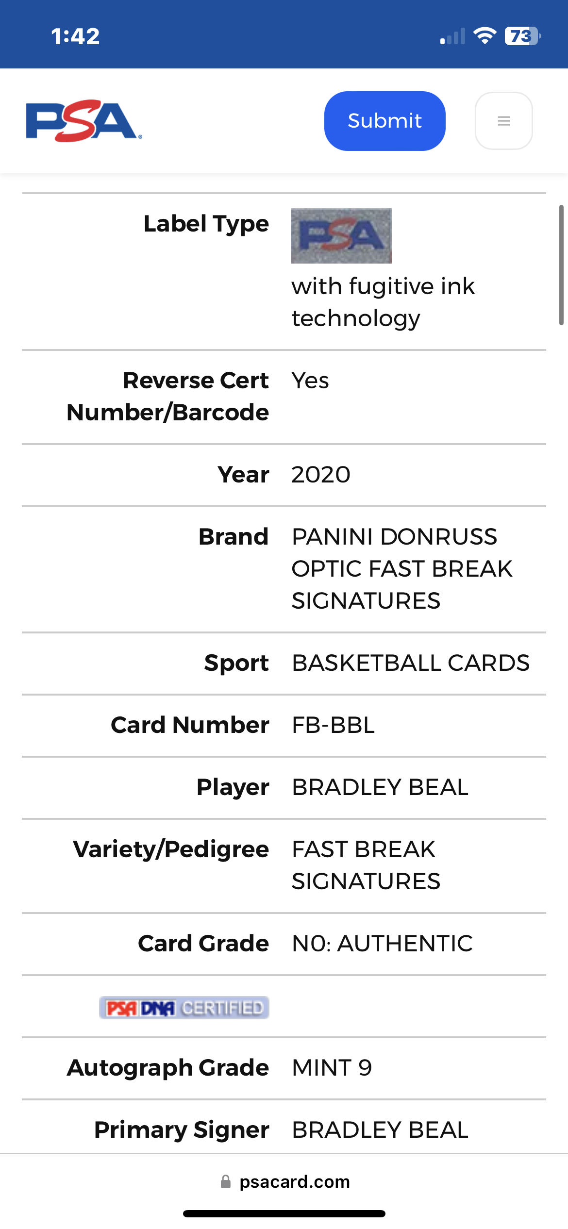 ❤️2020-21 Donruss Optic Fast Break Psa 9 Auto BRADLEY BEAL Suns Wizards Pop 1