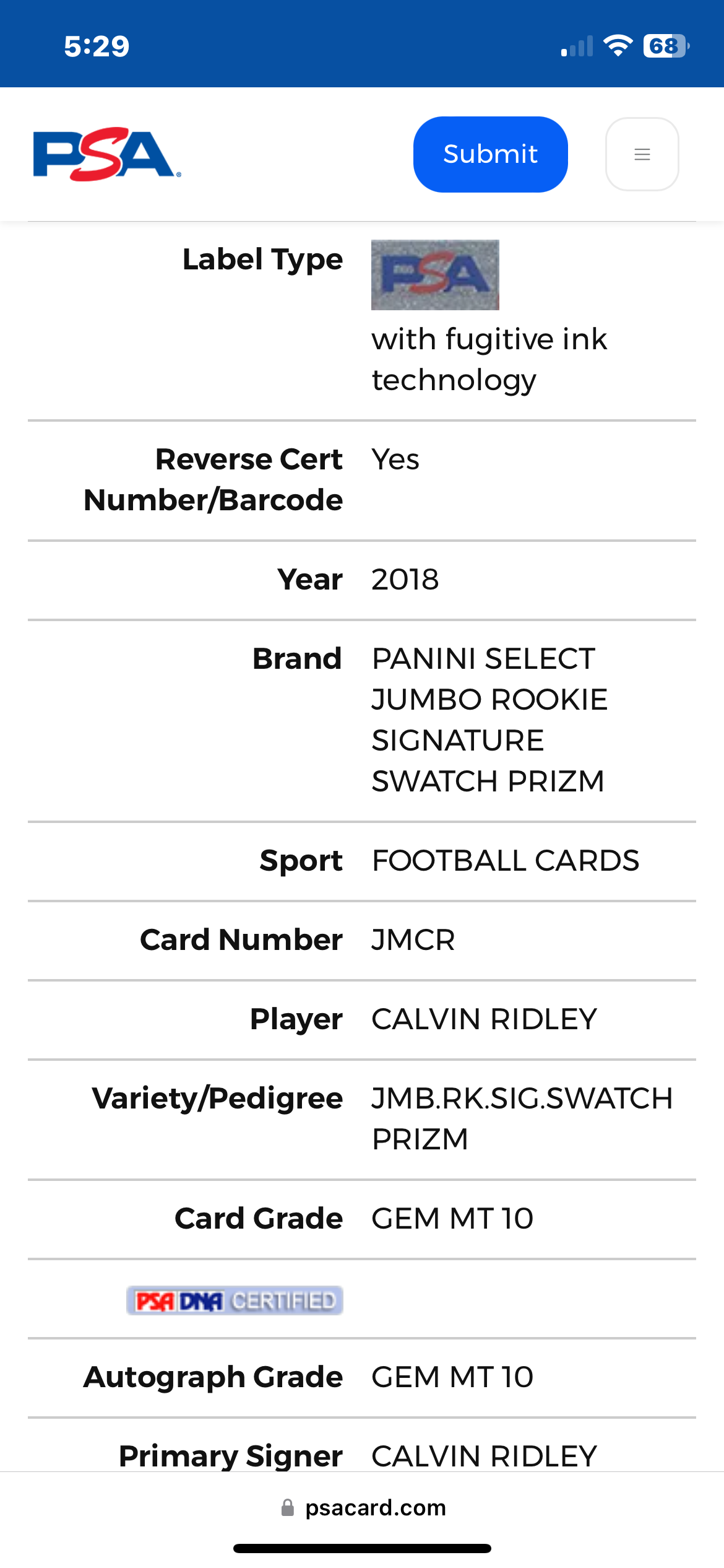 ❤️2018 PANINI SELECT CALVIN RIDLEY SILVER ROOKIE RC PATCH AUTO /49 FALCONS PSA 10