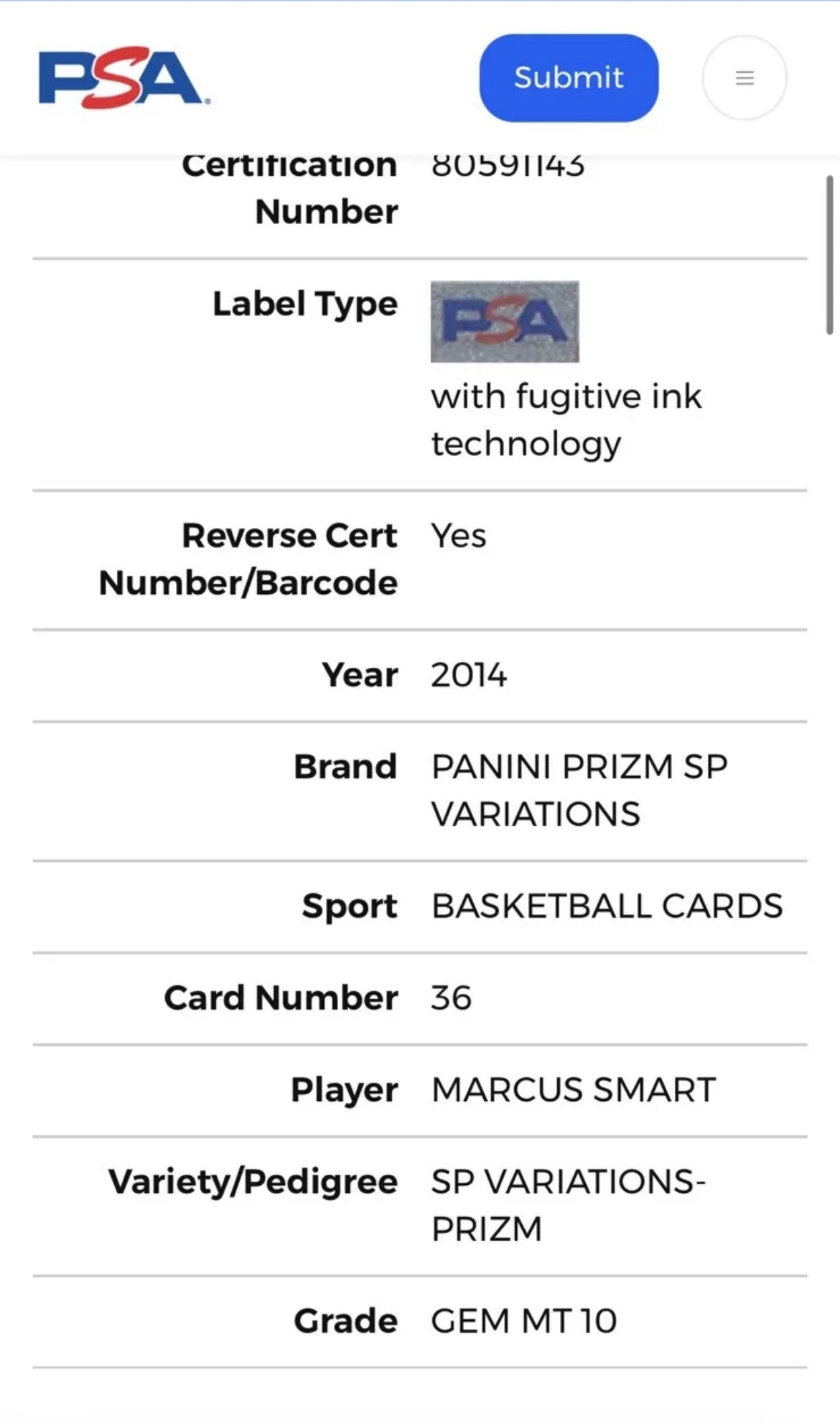 ❤️Marcus Smart 2014 Silver Prizm Rookie Variation 36 SP PSA 10 Gem mint Pop 39!